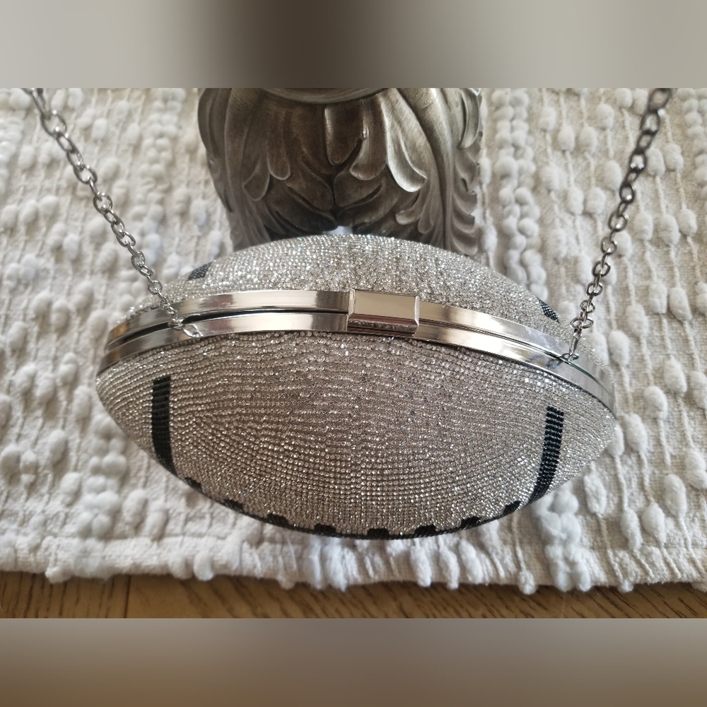 Crystal Rhinestone Football Bag in Silver and Black With Chain - Picture 2 of 3